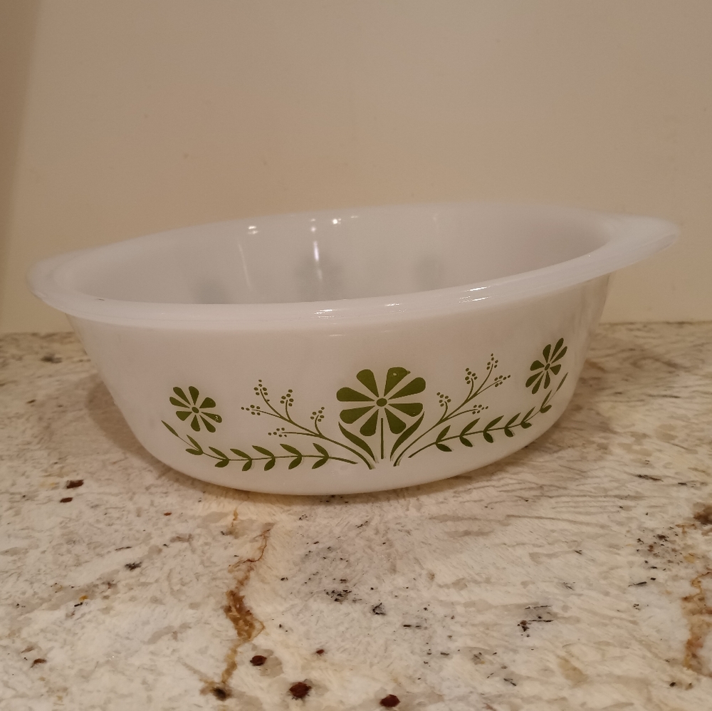 Vintage Glasbake 2 Quart Baking Dish White Green Floral